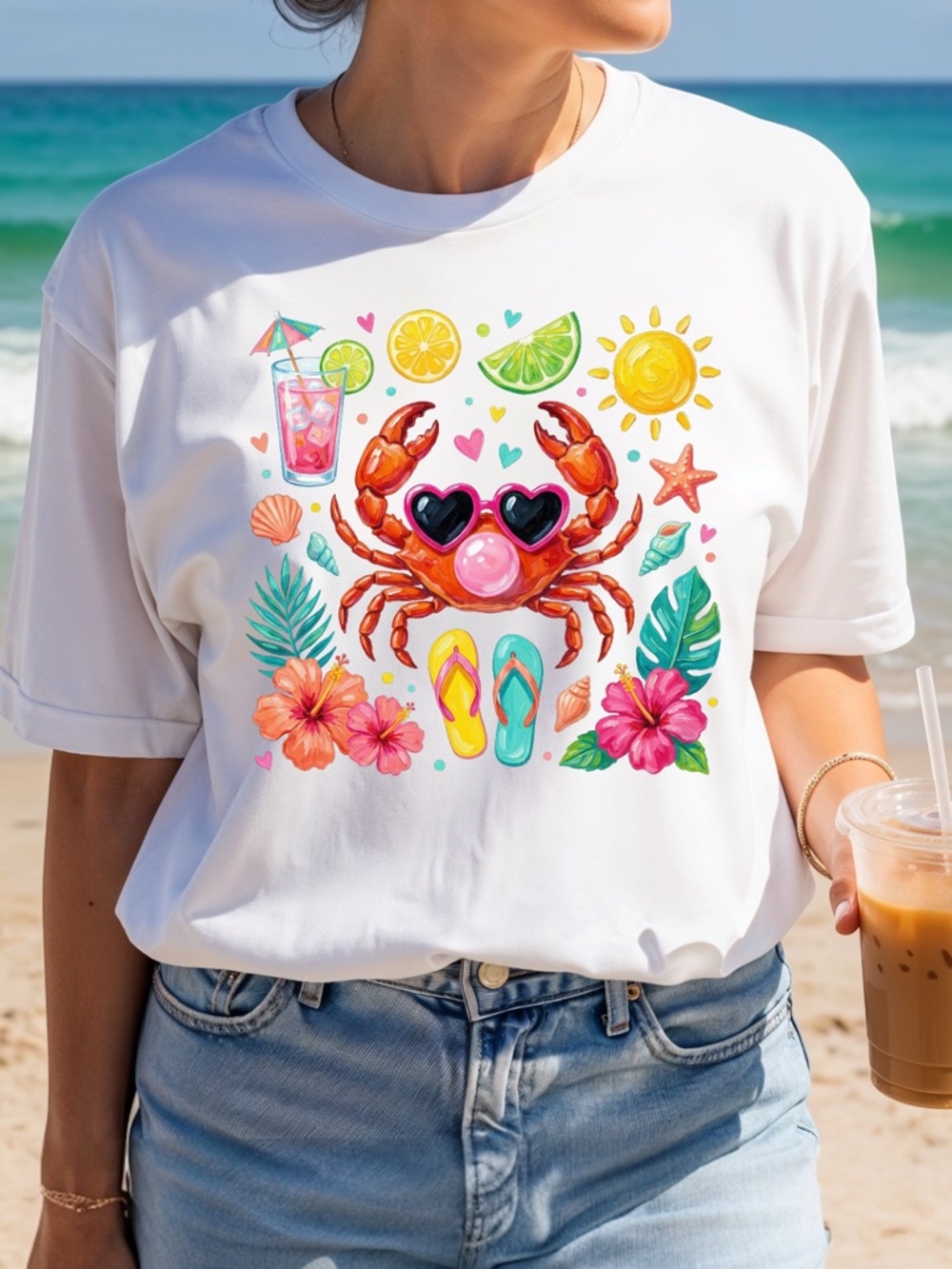 Crab flipflops tropical fun summer t-shirt Colorful. New Made to order S M L XL